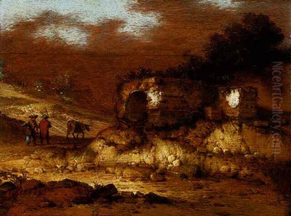 Travelers And Their Donkey On A Path Beside A Ruined Building Oil Painting by Jacob Sibrandi Mancadan