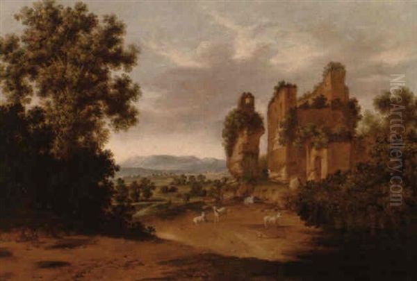 Goats By A Ruin In An Italianate Wooded Valley Oil Painting by Jacob Sibrandi Mancadan