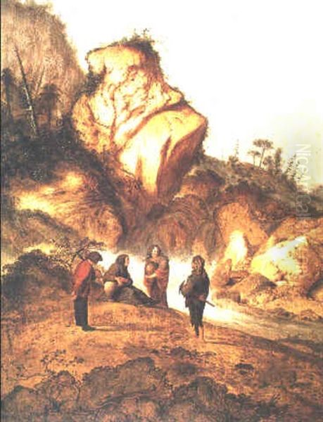 Stonemasons Meeting Peasantwomen By A Waterfall Oil Painting by Jacob Sibrandi Mancadan