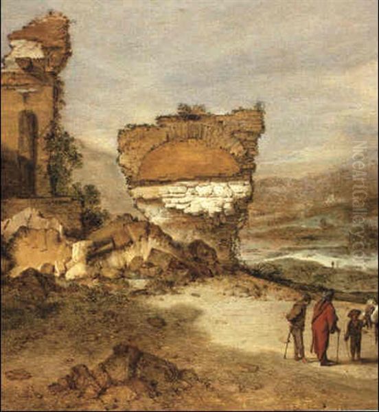 Figures In A Landscape With Ruins Beyond Oil Painting by Jacob Sibrandi Mancadan