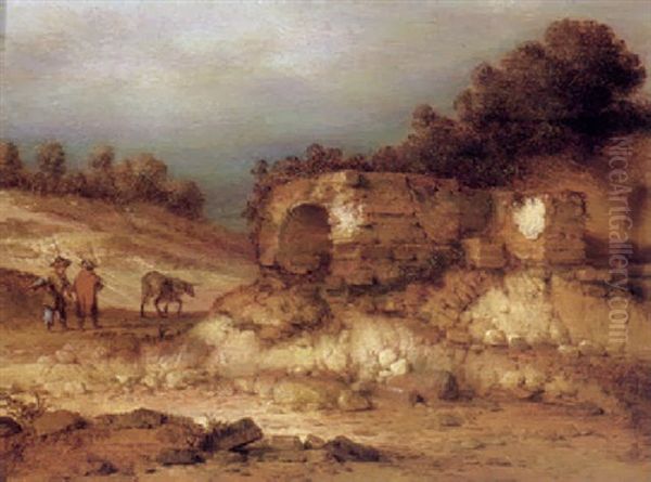 A River Landscape With Ruins And Figures Driving A Donkey Oil Painting by Jacob Sibrandi Mancadan