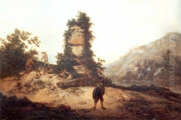 Gebirgige Fluslandschaft Mit Einer Verfallenen Mauer Und Wanderern Oil Painting by Jacob Sibrandi Mancadan