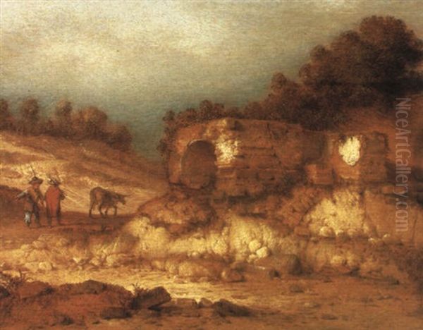 A Landscape With Ruins And Figures Driving A Donkey Oil Painting by Jacob Sibrandi Mancadan