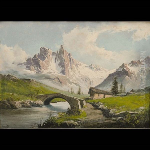 Paesaggio Alcpino Con Ponte E Torrente Oil Painting by Gustavo Mancinelli