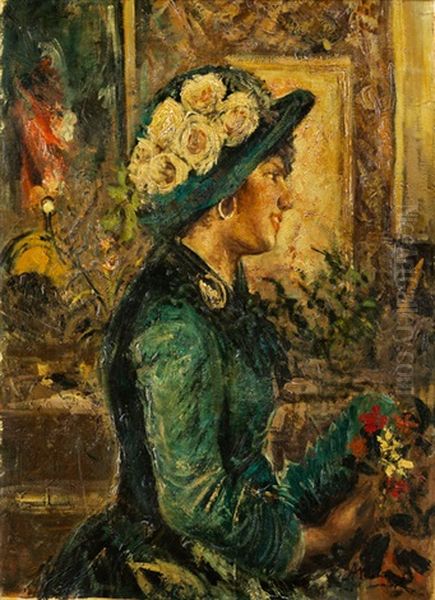 Junge Frau Mit Blumen Oil Painting by Antonio Mancini