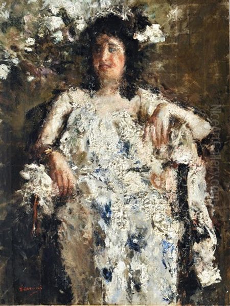 Vestaglia Bianca Con Fiori Azzurri Oil Painting by Antonio Mancini