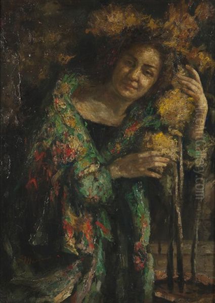 Figura Femminile Con Vaso Di Fiori Oil Painting by Antonio Mancini