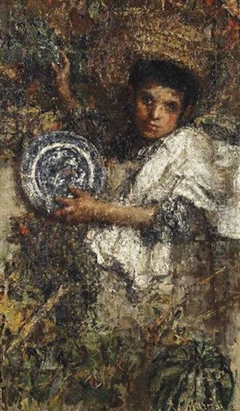 An Italian Boy In A Vineyard (recto); Study Of A Boy (verso) Oil Painting by Antonio Mancini