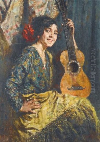 Gyspy Girl With A Guitar Oil Painting by Antonio Mancini