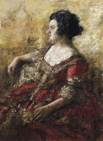 Signora Con Vestito Rosso Oil Painting by Antonio Mancini