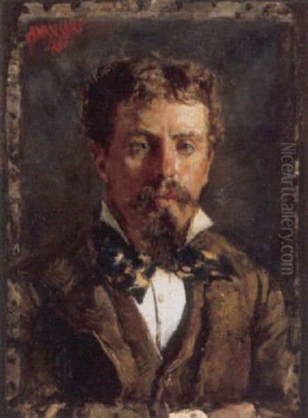 Portrait Of A Young Gentleman Wearing A White Shirt, Cravat And Brown Waistcoat And Jacket Oil Painting by Antonio Mancini