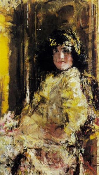 Bambino Riccioluto Con Vestito Femminile Oil Painting by Antonio Mancini