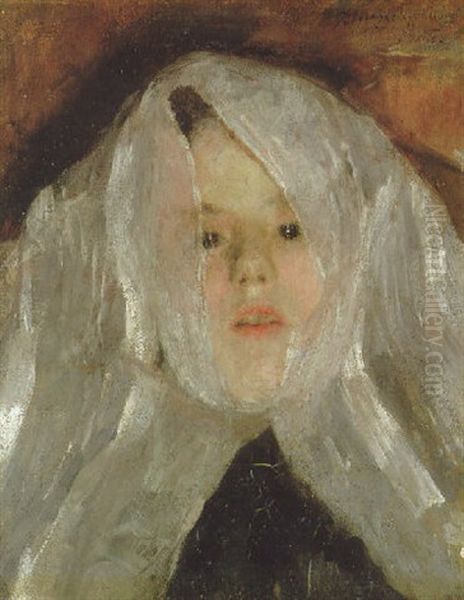 A Girl Wearing A White Veil Oil Painting by Antonio Mancini