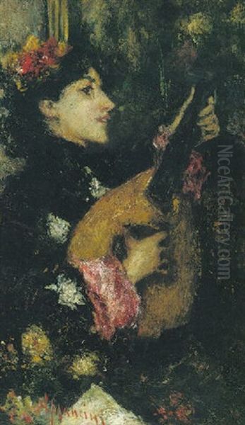 A Lady With A Mandolin Oil Painting by Antonio Mancini