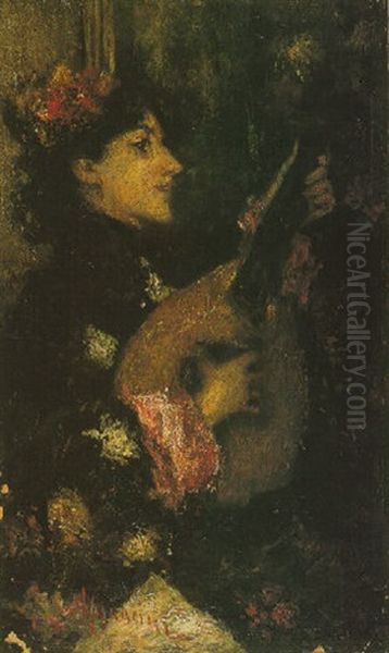 A Lady With A Mandolin Oil Painting by Antonio Mancini