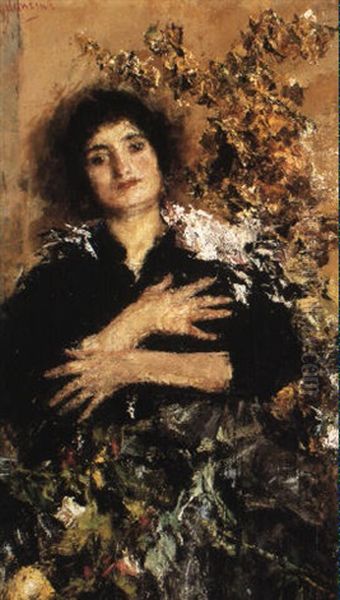 A Lady In An Interior Oil Painting by Antonio Mancini