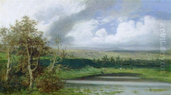 Paesaggio Fluviale Con Armenti Oil Painting by Carlo Mancini