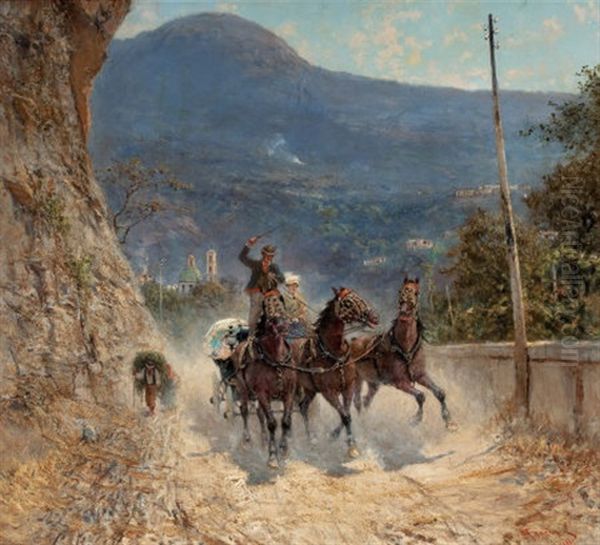 Horses And Travelers Ascending An Italian Mountain Road Oil Painting by Francesco Mancini