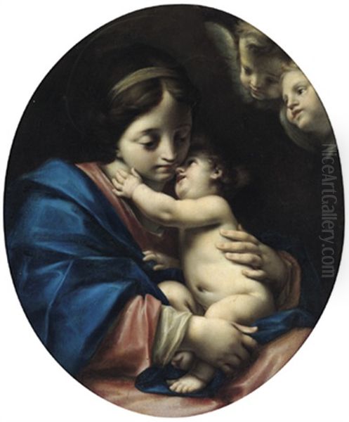 La Madonna Col Bambino E Due Angiolini: Madonna Mit Dem Kind Und Zwei Engeln Oil Painting by Francesco Mancini