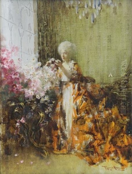 Woman With Flowers In Interior Oil Painting by Francesco Longo Mancini