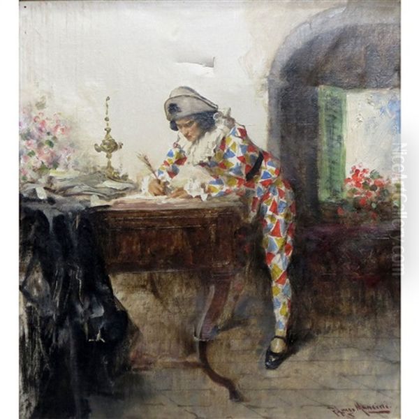 Harlequin Writing A Letter Oil Painting by Francesco Longo Mancini