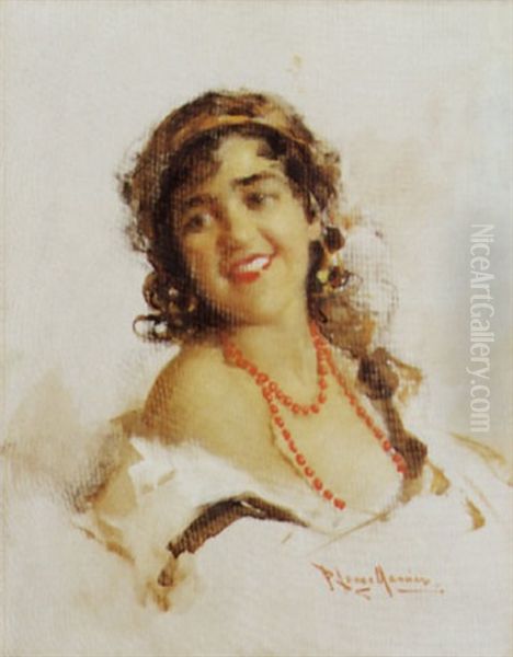 Ritratto Di Donna Con Collana Rossa Oil Painting by Francesco Longo Mancini