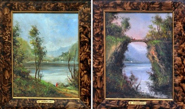 Promeneurs En Bord De Lac, Et Personnages Sur Un Pont (pair) Oil Painting by Francesco Mancini