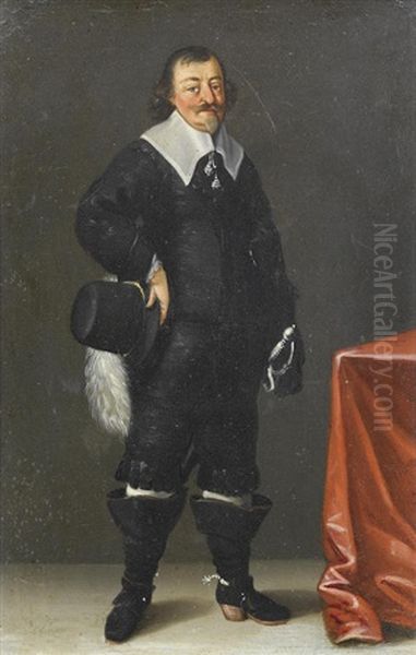 Portrait Of A Gentleman, Possibly King Christian Iv Of Denmark, Standing Full-length In Black, Beside A Table Draped With A Red Cloth Oil Painting by Karel van Mander III