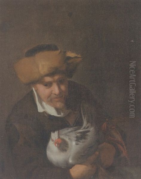 Mand Med Pelshat Holdende En Hone Oil Painting by Karel van Mander III