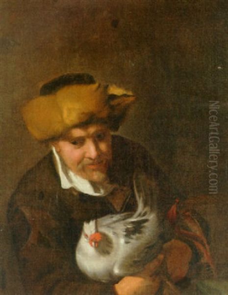 Mand Med Pelshat, Der Holder En Hone Oil Painting by Karel van Mander III