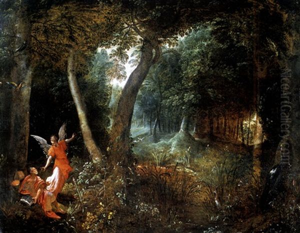 Waldlandschaft Mit Engel Und Dem Evangelisten Johannes by Karel van Mander the Elder