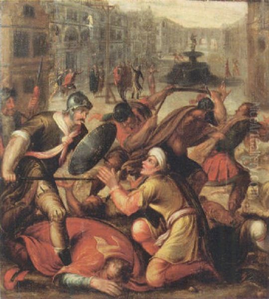 Footsoldiers Invading A City Oil Painting by Karel van Mander the Elder