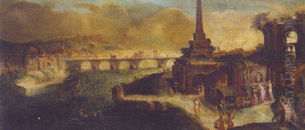 A Capriccio Of A Town By A River, A Bridge Beyond Oil Painting by Karel van Mander the Elder