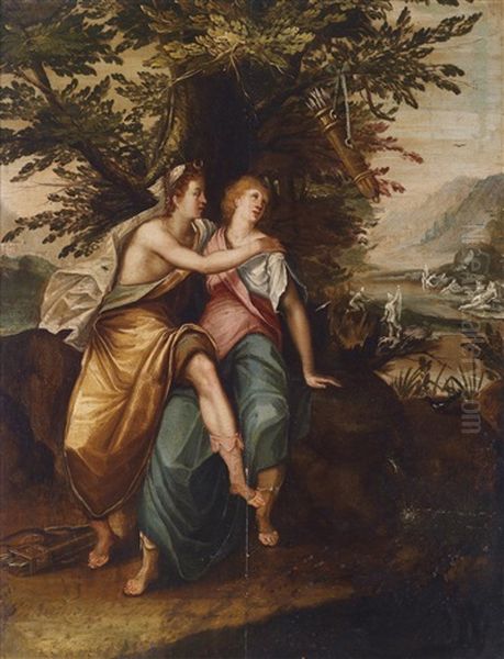 Venus Und Adonis, Im Hintergrund Diana Und Aktaon Oil Painting by Karel van Mander the Younger