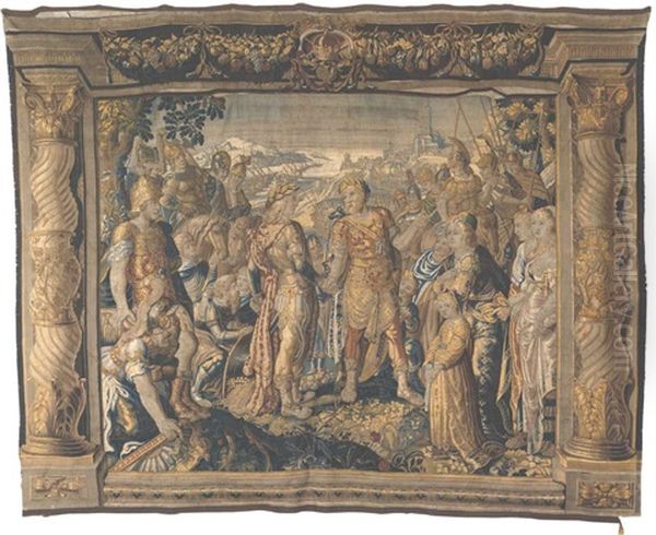 A Dutch Classical Tapestry: Marc Antony And Octavius With Cleopatra And Her Attendants Looking On Oil Painting by Karel van Mander the Younger