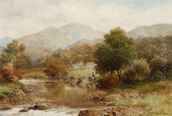 Welsh Landscape With Persons On A Riverbank Oil Painting by William Henry Mander