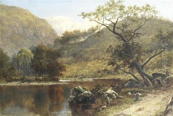 Fisherman In A River Landscape Oil Painting by William Henry Mander