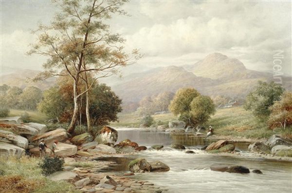 Old Mill Near Aberglaslyn; Low Water On The Upper Conway Oil Painting by William Henry Mander