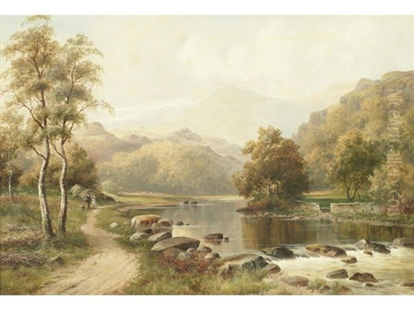 Figures On A Path In A Mountainous Landscape Oil Painting by William Henry Mander