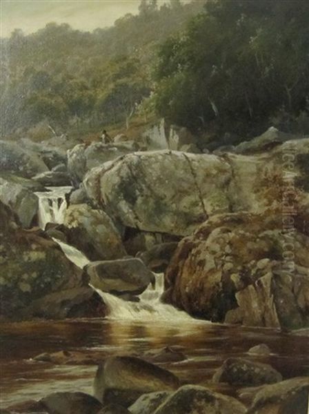 A Rocky River Landscape With Angler Oil Painting by William Henry Mander