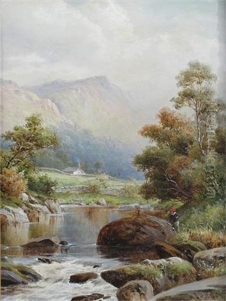 A River Landscape With Angler Oil Painting by William Henry Mander