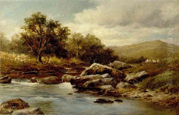 An Angler On The Bank Of A Rocky River Oil Painting by William Henry Mander