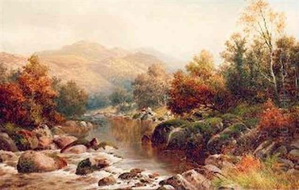 Welsh River Scene With Boys Fishing Oil Painting by William Henry Mander