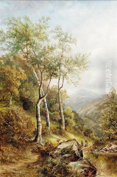 Figures Fishing In A Woodland Pool With Hills Beyond Oil Painting by William Henry Mander