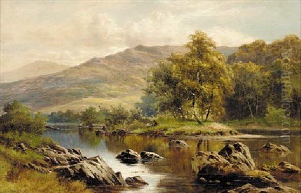 Figures Resting On An Island In A Tranquil River Landscape Oil Painting by William Henry Mander