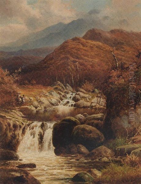 Children Fishing In A Mountainous Landscape Oil Painting by William Henry Mander