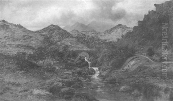 An Extensive Lakeland Landscape With A Stone Bridge Over A Stream Oil Painting by William Henry Mander