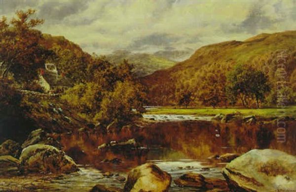 River Landscape With A Cottage Oil Painting by William Henry Mander