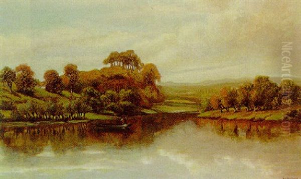 A Figure In A Punt In A Wooded Landscape Oil Painting by William Henry Mander