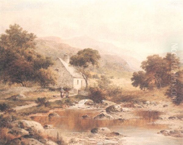 An Old Welsh Homestead And Mountain Stream Near Barmouth Oil Painting by William Henry Mander